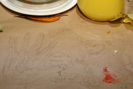 Close up of their work. Drawing turkeys on the table cloth is tradional at Thanksgiving.