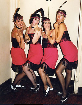 Sally, Christie, Becky, and Lara prior to a performance of 'Charlston' at Lindy in the Pub in Ealing, London, England (July 1999).