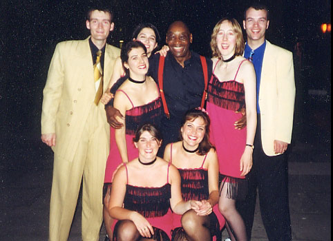 The group with Frankie Manning after a performance at the Swing Jam in Runnymede, Surrey, England (August 1999).